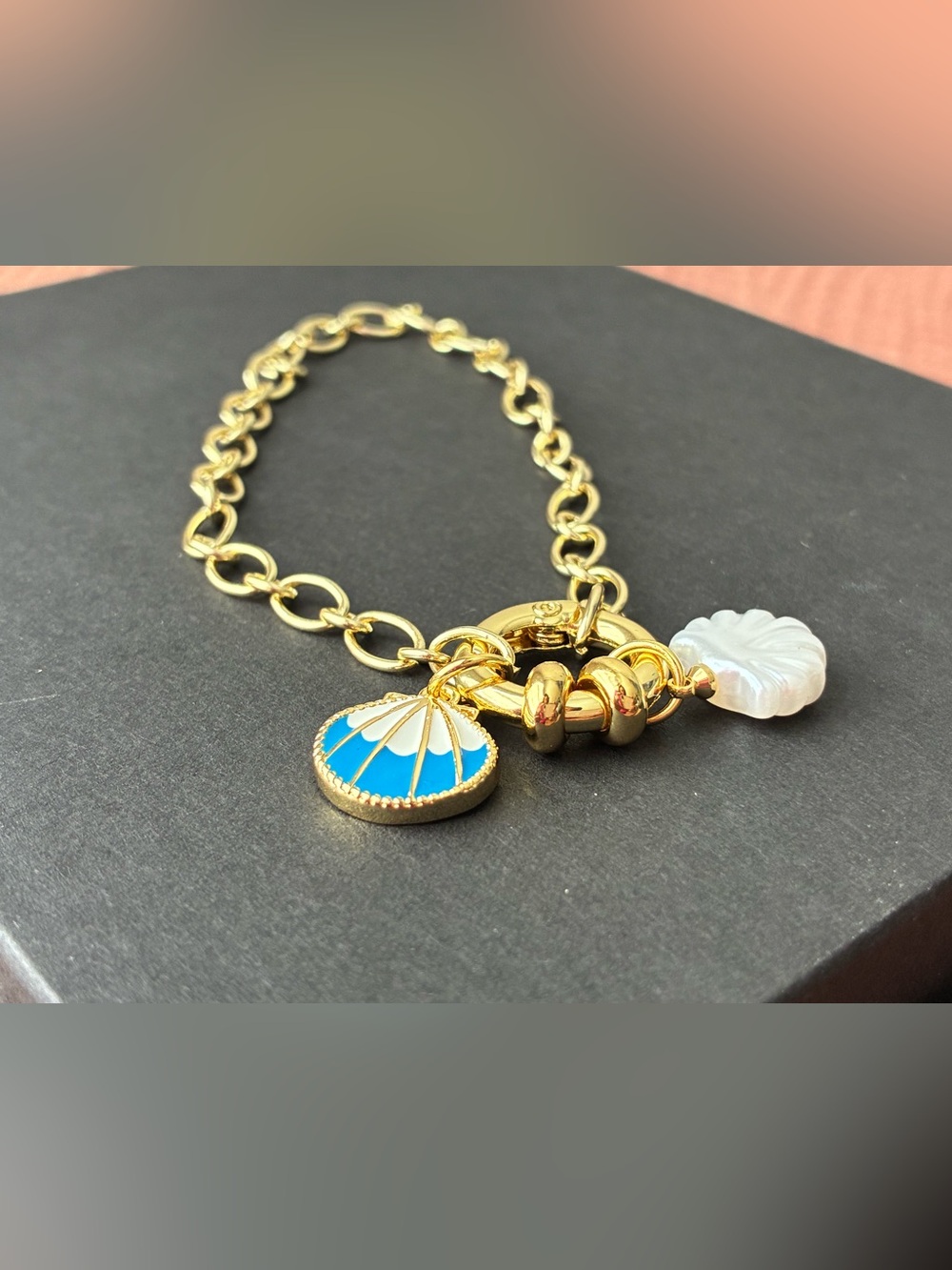 Gold Plated Chain Bracelet with Blue and White Enamel Shell Charm 8”